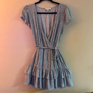 Dainty blue/green floral dress with ruffles and tie waist